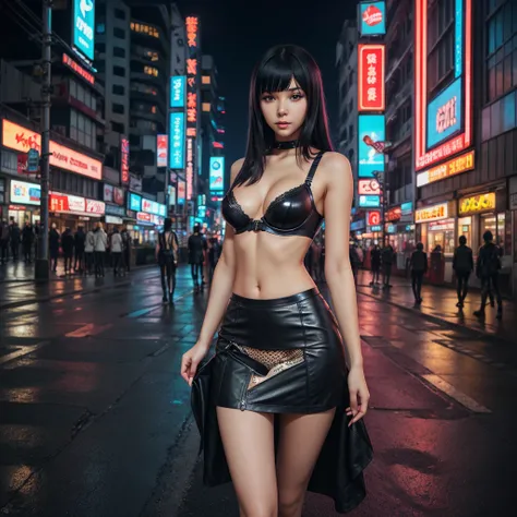 Anime girl standing on city street in leather skirt and black erotic lingerie, long-haired Ilya Kuvshinov, Guviz style artwork, anime art wallpaper 8 K, Guvitz on art station Pisif, Guwiz on Pisiv art station, cyberpunk anime art