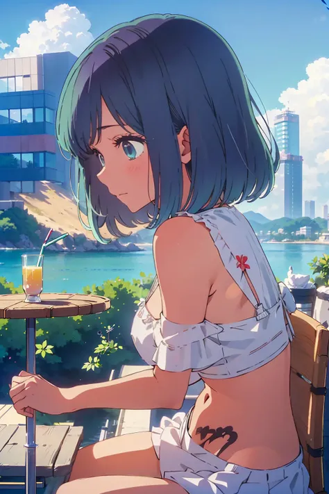 Highest quality,8k,detailed,F cup bust、Big Breasts、Very cute face、Slim and beautiful arms、Very white beautiful skin、((((1 person、smile、Thin white bikini、smile、sit、In the background are the urban buildings of Tokyo、Outdoor café terrace、juice、Leaning back in...