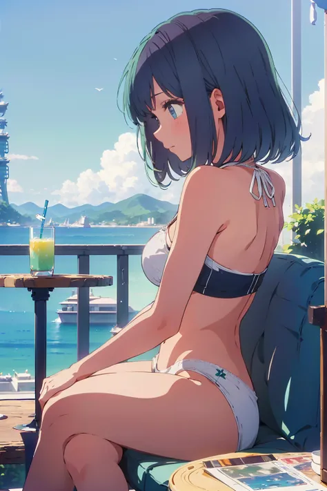 Highest quality,8k,detailed,F cup bust、Big Breasts、Very cute face、Slim and beautiful arms、Very white beautiful skin、((((1 person、smile、Thin white bikini、smile、sit、In the background are the urban buildings of Tokyo、Outdoor café terrace、juice、Leaning back in...