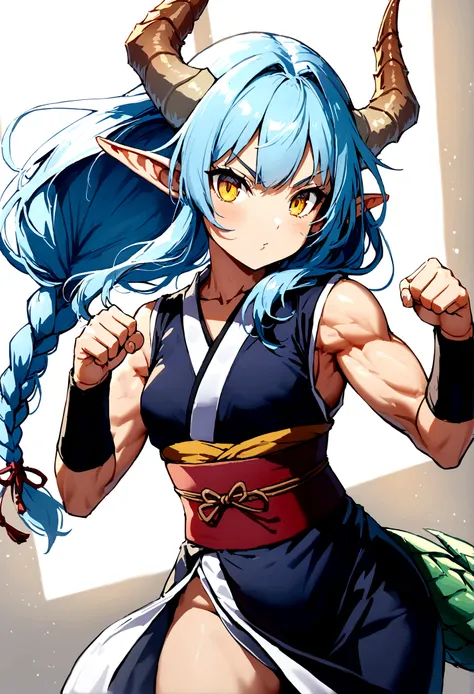 cute young girl, light blue hair, long hair, small braids hair, yellow eyes, dragon horn, dragon tail, elf ear, muscular body, small breast, sexy japanese outfit, fight pose