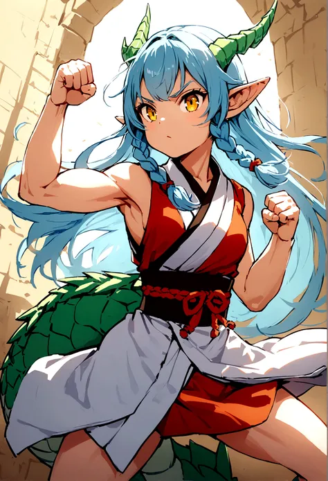 cute young girl, light blue hair, long hair, small braids hair, yellow eyes, dragon horn, dragon tail, elf ear, muscular body, small breast, sexy japanese outfit, fight pose