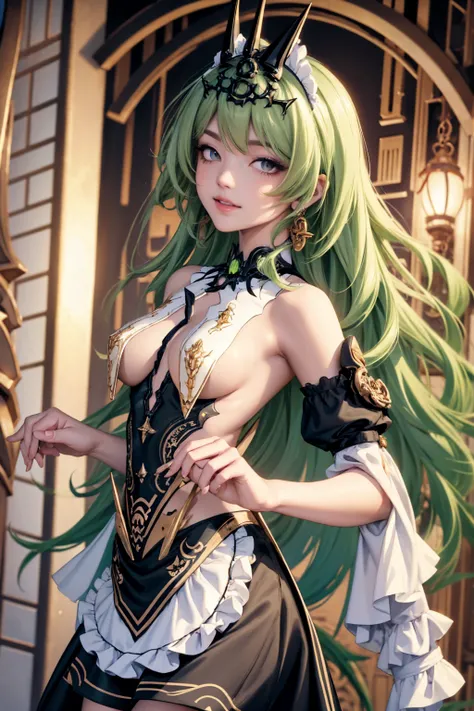 Mobius_(honkai impact 3d), ornament hair, a snake girl, perfectly body, perfectly hands, wave hair, light green hair, long hair, maid, maid dress, maid headdress, maid apron, garden, temple, shrine, outside, Chinese festival scenery, gold lantern, Chinese ...