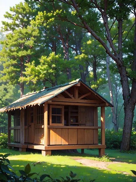 Beautiful nature view, hut between pine trees, photograph, 4k HD