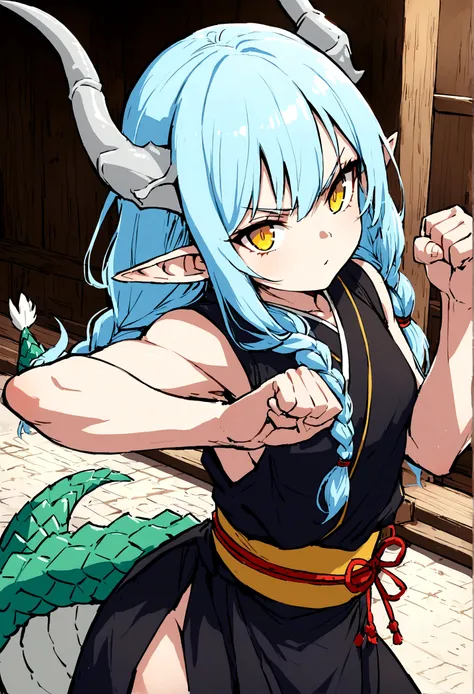 cute young girl, light blue hair, long hair, small braids hair, yellow eyes, dragon horn, dragon tail, elf ear, muscular body, small breast, sexy japanese outfit, fight pose