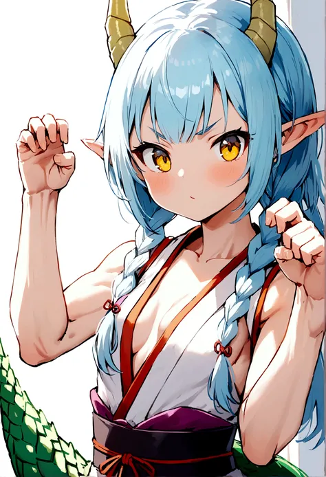 cute young girl, light blue hair, long hair, small braids hair, yellow eyes, dragon horn, dragon tail, elf ear, muscular body, small breast, sexy japanese outfit, fight pose