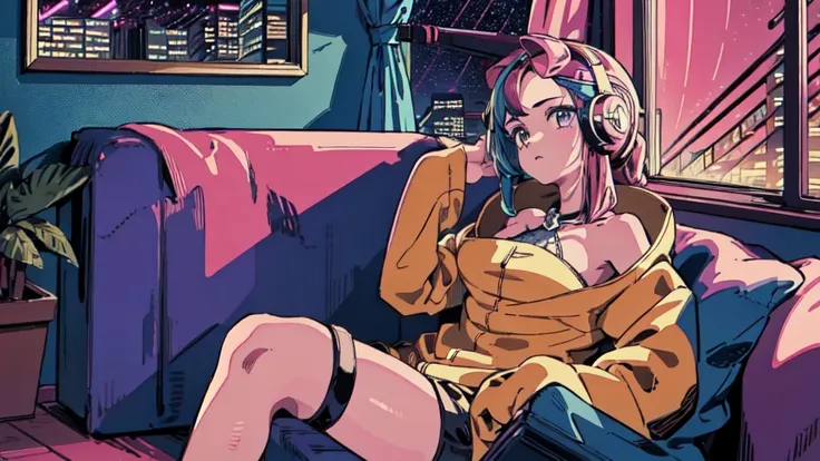 Highest quality, 4k wallpaper, masterpiece, Highly detailed CG Unity 8k wallpaper, Very fine grain, Super detailed, Intricate details, Retro art style, ((Synthwave art style)), (Girl sitting on sofa,In a cozy room,Records hanging on her wall, Comic books o...