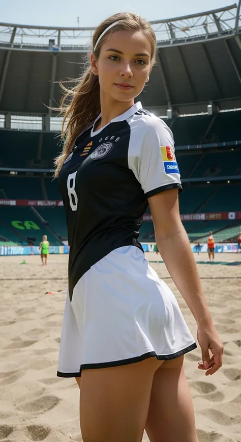 german beautiful female woman in german soccer dress, photorealistic, german soccer dress uniform, beach volley, inside german soccer stadium em 2024