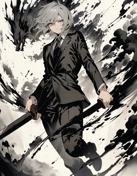 Short grey hair Sharp eyes　28 years old　Hold a longsword　Damaged black suit　Ink painting art
