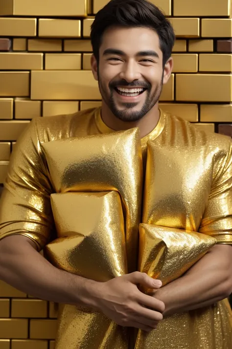 A man holding a pile of gold bricks in his arms，Laughing very happily