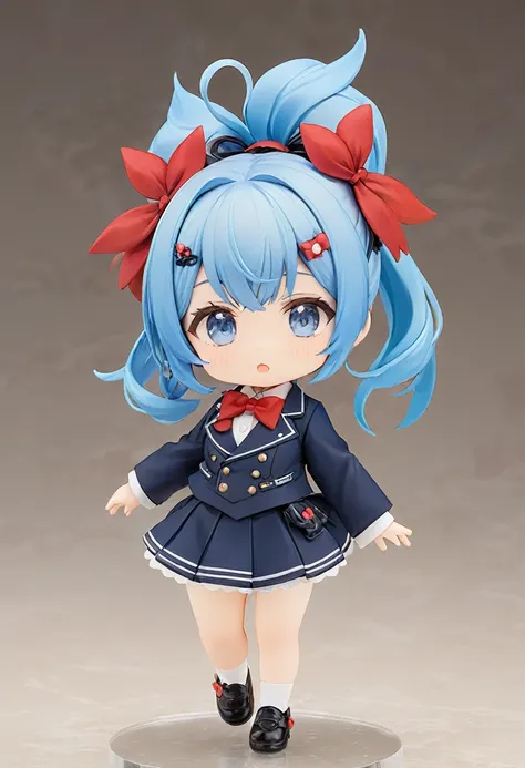 blue hair，double low ponytail，ponytail with red flower hairpin，navy blue，skirt，red bow tie，q version