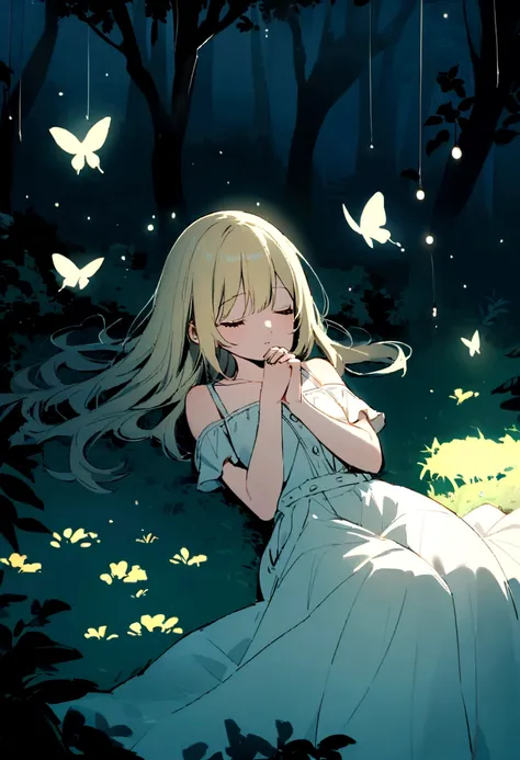 In the dense forest、背の高い暗いwood々A quiet night scene where the trees form a natural canopy。In the foreground、A young woman with long blonde hair is sleeping peacefully on a white mattress、The mattress blends in with the forest floor。She is wearing a loose wh...