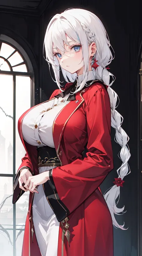 "4K, A dark ruin with no light., There was a mature and elegant woman., white hair, half braided hair, black eyes, Big breasted, wearing a magic  and a red robe., She looks cool, She has a seductive smile.."