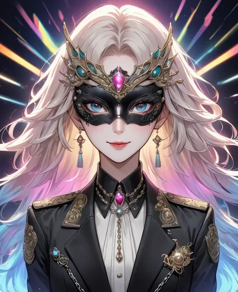 (Digital Illustration，Detailed anime style，Heavy Metal Cyberpunk，Pearl tassel eye mask，Girl wearing eye mask，Perfect body，Queen aura，out a hand，Solitary，symmetry)，(Big colorful eyes，Fashionable and exquisite facial features，Exquisite makeup，Smooth skin，Smi...