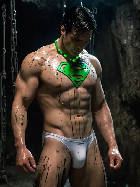 In a dark cave prison, Superman stands naked in white briefs with his shoulders hunched, his head bowed, sweat dripping from his face, and he looks as if he is about to collapse, with a painful and pitiful expression on his face. He has a Superman mark on ...