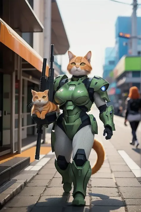 A 21 year old、Strong build、Wearing《Doom》Green Doom Marine armor、Full breasts、Strong female orange cat holding a giant futuristic rifle，Walking on the street