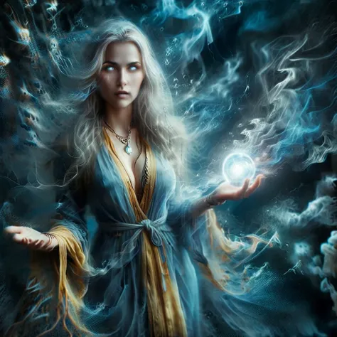 a mystical scene featuring a young sorceress with long, flowing wavy hair that appears almost electrified. she is dressed in a d...