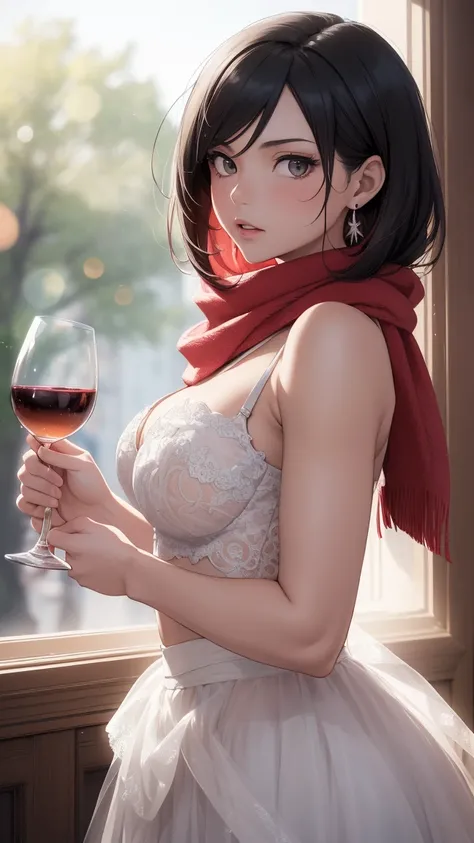 (masterpiece, best quality:1.2), solo, 1girl, Mikasa Ackerman, Attack on titan, looking at viewer, red gorgeous scarf, earrings, midriff, official art, extremely detailed CG unity 8k wallpaper, perfect lighting, (masterpiece:1.0),(best_quality:1.0), ultra ...