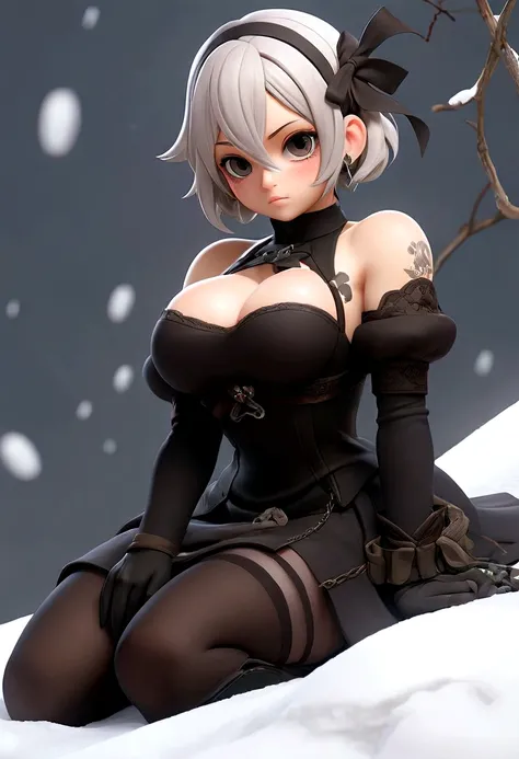 Nier automata big breasted hanging breasts in stockings sitting on knees winter snow frost clouds 