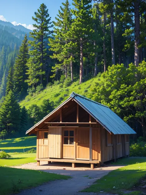 Beautiful nature view, hut between pine trees, photograph, 4k HD