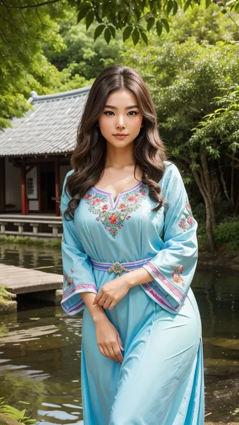 Create an 8k, high-quality, UHD photo of a beautiful Japanese girl with a chubby body, slim belly, and slim waist. She should be dressed as a princess in a modern, elegant embroidered outfit with a different style. Change her attire to a traditional yet st...