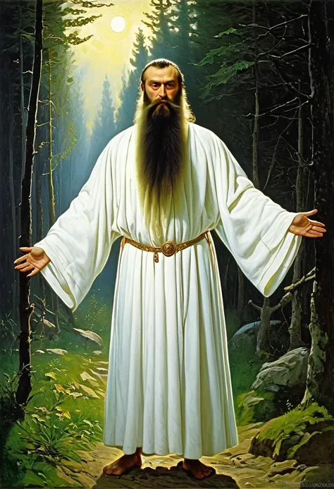 arafed image of a man with a long beard and a white robe, slavic mythology, by Roman Bezpalkiv, russian academic painting, а fantasy proto-slavic mythology, by Vladimir Borovikovsky, by Alexander Ivanov, norse god, academic russian painting, by Alexander K...