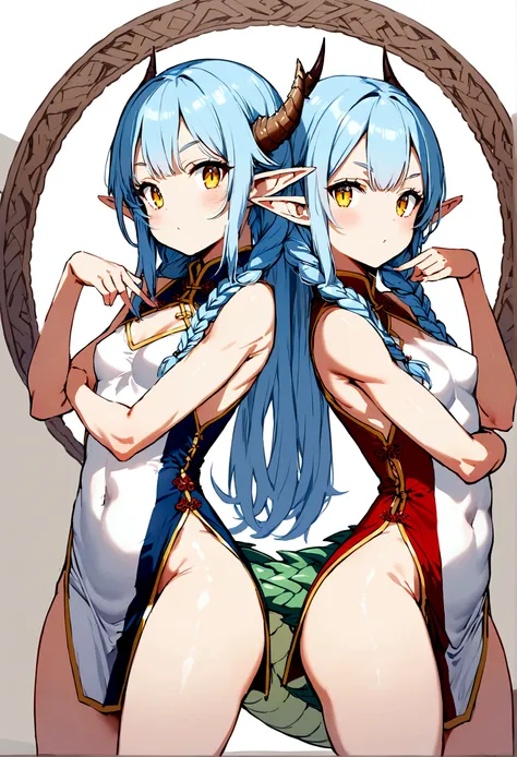 cute young girl, light blue hair, long hair, small braids hair, yellow eyes, dragon horn, dragon tail, elf ear, muscular body, small breast, sexy chinese outfit, cute pose