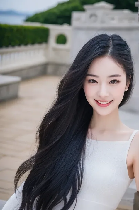 22-year-old girl, with gray eyes, pale white skin, slim figure, smiling, black hair, fashionable, photo taken with an ultra-realistic professional camera, she is in a beautiful place