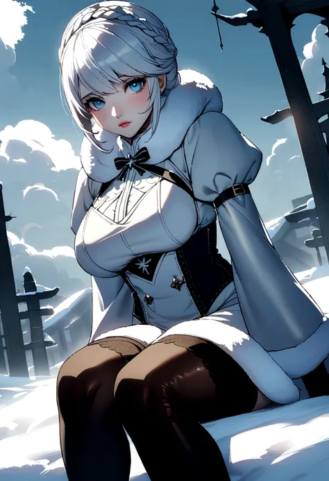 Nier automata big breasted hanging breasts in stockings sitting on knees winter snow frost clouds 