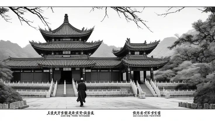 A man walking with a sword，Chinese ancient costume，,inauspicious,High Detail，Low Angle of View，Endless Darkness，Across the Sea。Over the sea，Only those ancient temples shine，There is a divine rainbow connecting them，Build into a road。besides，Nothing to see，...