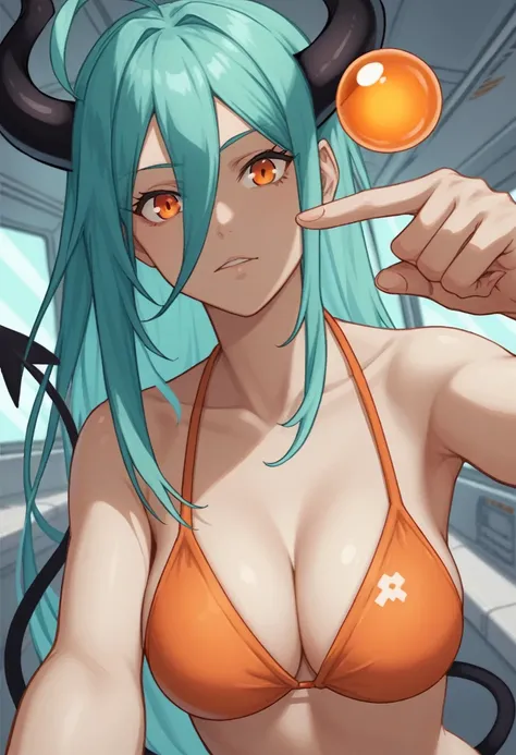 score_9, score_8_up, score_7_up,1 daemon woman, straight demon horns, (black horns),(upward-pointing horns) , vertical horns, black demon tail, (aquamarine hair),aquamarine green color hair,ahoge, long hair, (long hair),bangs, light orange bikini,bikini is...