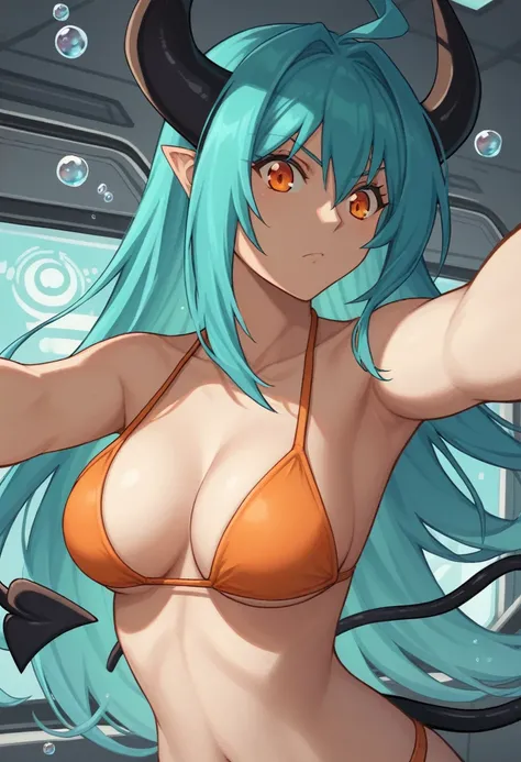 score_9, score_8_up, score_7_up,1 daemon woman, straight demon horns, (black horns),(upward-pointing horns) , vertical horns, black demon tail, (aquamarine hair),aquamarine green color hair,ahoge, long hair, (long hair),bangs, light orange bikini,bikini is...