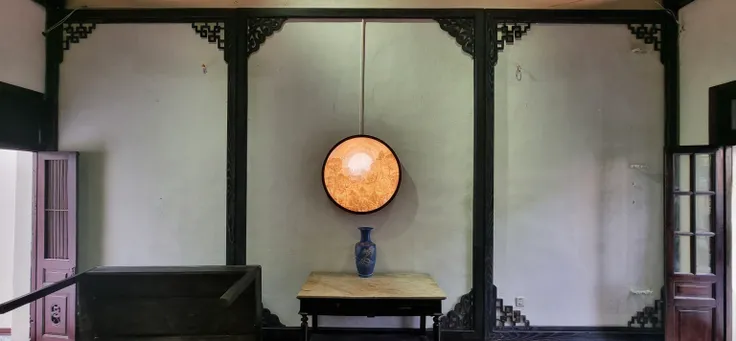 there is a table with a vase on it in a room, hanging scroll on wall, warm lighting inside, warm lighting with cool shadows, museum diffuse lighting, warm ambient light, orange lamp, contrast side light, indoor soft lighting, inspired by Ma Yuan, beautiful...