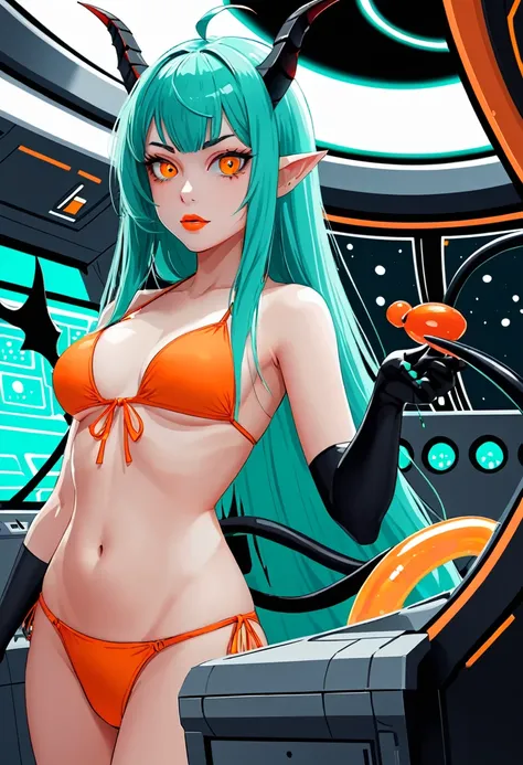 score_9, score_8_up, score_7_up,1 daemon woman, straight demon horns, (black horns),(upward-pointing horns) , vertical horns, black demon tail, (aquamarine hair),aquamarine green color hair,ahoge, long hair, (long hair),bangs, light orange bikini,bikini is...