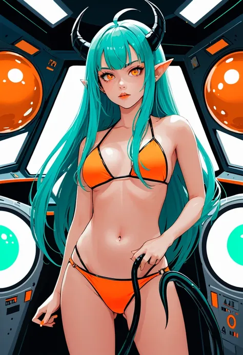 score_9, score_8_up, score_7_up,1 daemon woman, straight demon horns, (black horns),(upward-pointing horns) , vertical horns, black demon tail, (aquamarine hair),aquamarine green color hair,ahoge, long hair, (long hair),bangs, light orange bikini,bikini is...