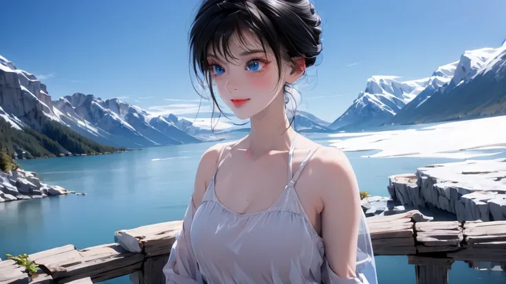 1 girl, medium light black hair, light blue eyes, wearing Sexy outfit , sea , Sexy , high res, ultrasharp, 8K, masterpiece, Looking from the front 18+