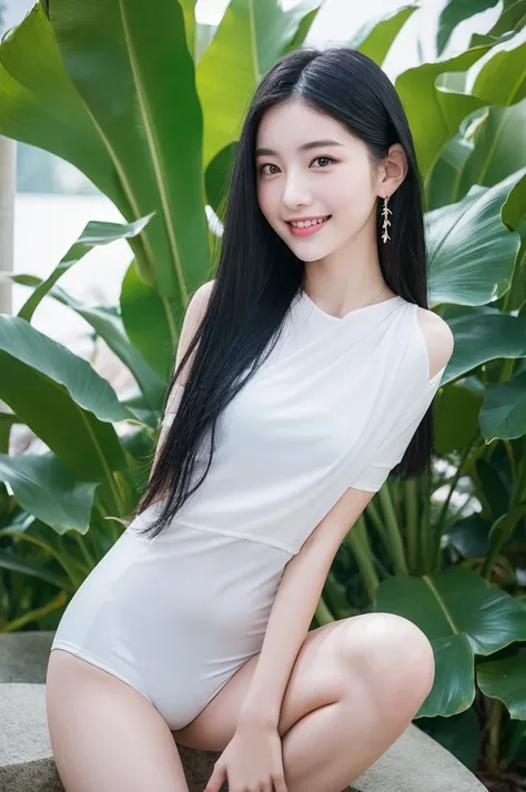 22-year-old girl, with gray eyes, pale white skin, slim figure, smiling, black hair, fashionable, photo taken with an ultra-realistic professional camera, she is in a beautiful paradisiacal place