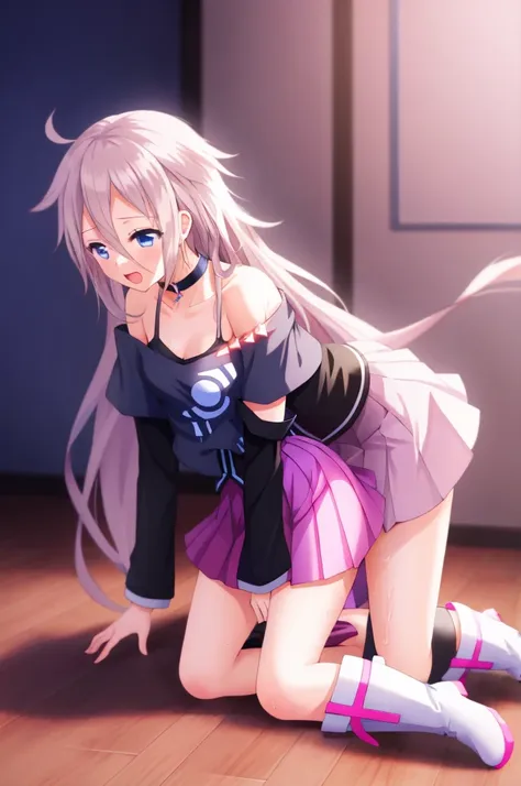 one girl, ia, vocaloid, skirt, black shirt, off shoulder, choker, beautiful, boots, naive, sex, girl on top sex