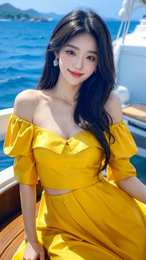 A sweet girl by the yatch luxury，voluminous hair，Delicate face，Photorealsitic，of a real，largeaperture，wears a yellow dress，A cropped dress，Off-the-shoulder，A dress around the neck，Slim，smiles，Ultra-high resolution, Blurred background