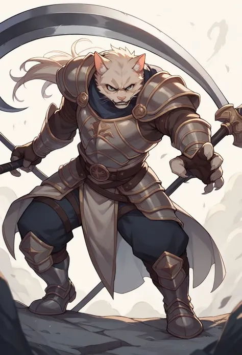 Cat in a kight armor with a scythe as a weapon of the death and standing in front of the gate kingdom protecting as he said "thou shall stand till end" as he protecting the kindom from the enemy