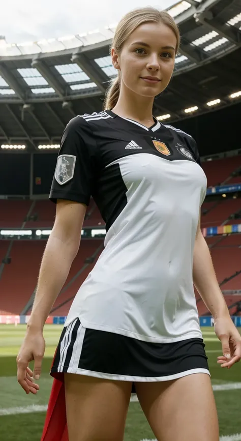 german beautiful female woman in german flag sexy soccer dress, photorealistic, german flag soccer dress uniform, inside german soccer stadium em 2024, blurred in the background soccer game, many german flags , spectators in the stadium