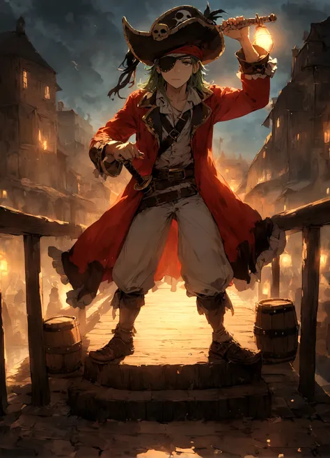 An alligator pirate (pirate hat and jacket, belt with sword, eyepatch)  poses  on pier, he has one foot on a barrel of rum