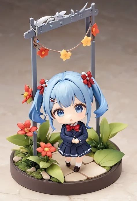 blue hair，double low ponytail，ponytail with red flower hairpin，navy blue，skirt，red bow tie，q version，tiny cute