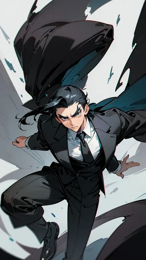 Narrow eyes, droopy eyes, man, black hair, bangs up, formal attire, medieval, fantasy, muscular, character drawing, Cool vigilante intimidating 、front facing vertical face Man with big eyes facing forward  、Slicked back short hair