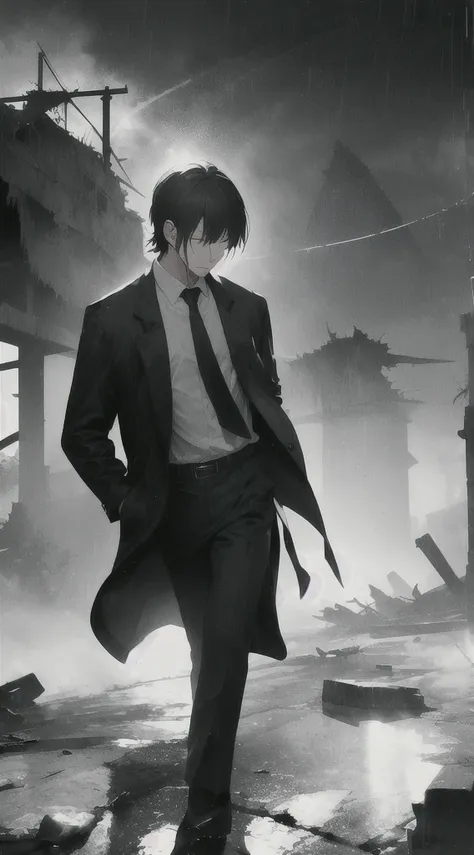 Highest quality, movie quality, scene on the verge of death, ruins, smoking, blood, coat, man (35 years old, tsuntsun head, black hair, coat in a suit, holding a gun in hand, lying on back), rain, fog