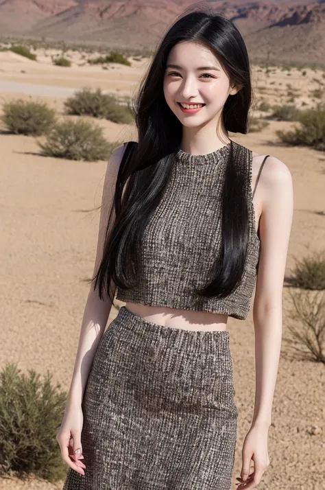 22-year-old girl, with gray eyes, pale white skin, slim figure, smiling, black hair, fashionable, photo taken with an ultra-realistic professional camera, she is in a desert place and she is very happy