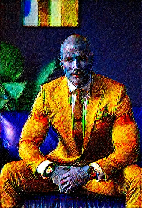 iphone pro 14, extremely beautiful model, 40 years old sexy muscular man, scandinave, shaved head, realistic, seins gaies, clivage, haut court, soutiens gorges, dressed with a smart blue suit sitting on a red couch in a modern room