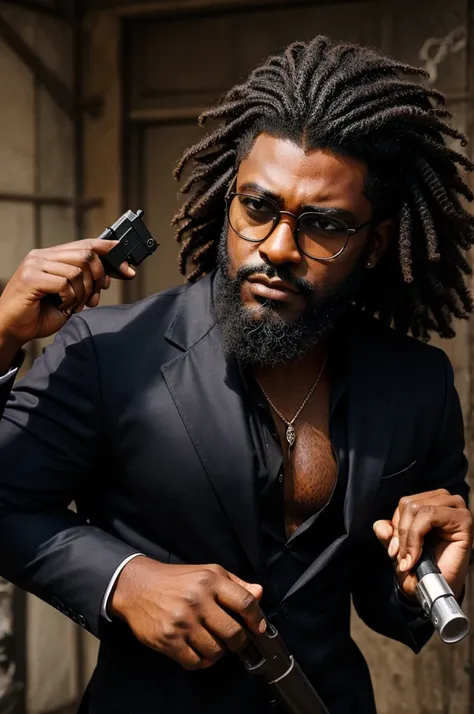 A dark-skinned bespectacled gangster with big hair and a beard wields a gun