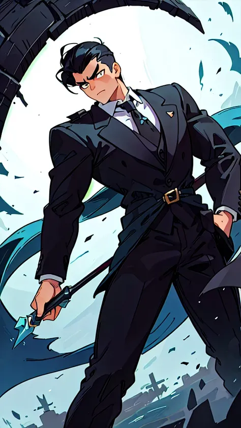 Narrow droopy eyes, man, black hair, bangs up, formal attire, medieval, fantasy, muscular, character drawing, Cool vigilante intimidating 、front facing vertical face Man with big eyes facing forward  、Slicked back short hair