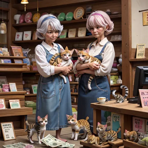 Inside the pet shop、Old woman standing near the cash register、1 calico kitten、Girl with a kitten in her arms、The girl gives money to the old woman