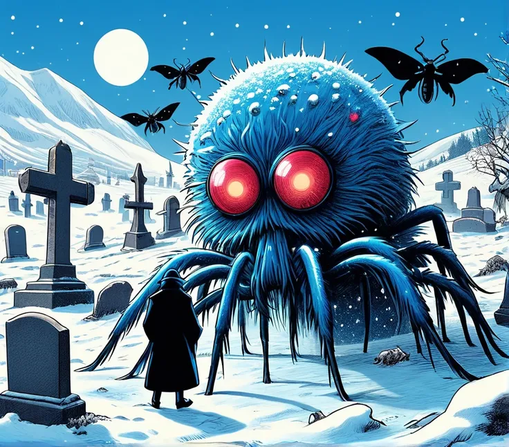 big blue bacteria spider moth monster man on graveyard at snow, style of futurama